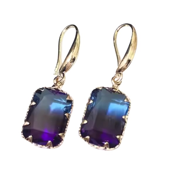 Iridescent Blue Rectangle Drop Earrings – Elegant Gold Leverback Design - Picture 1 of 1